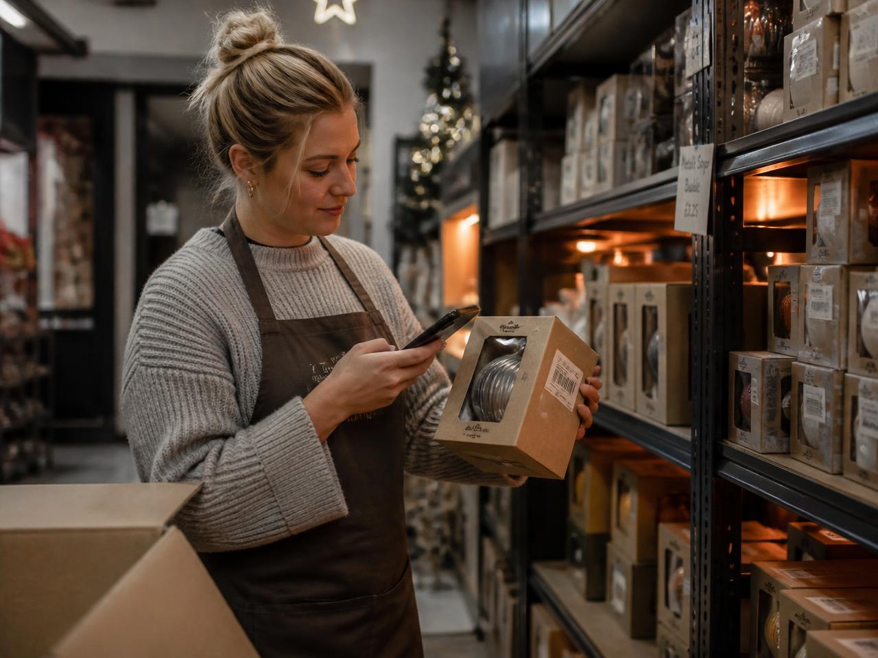 Shop worker scanning a boxed Christmas ornament with a phone in a seasonal stockroom